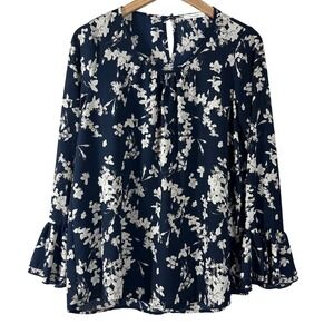 PLEIONE Women's Top Navy Blue Floral Long‎ Sleeves Cottagecore Blouse Size S